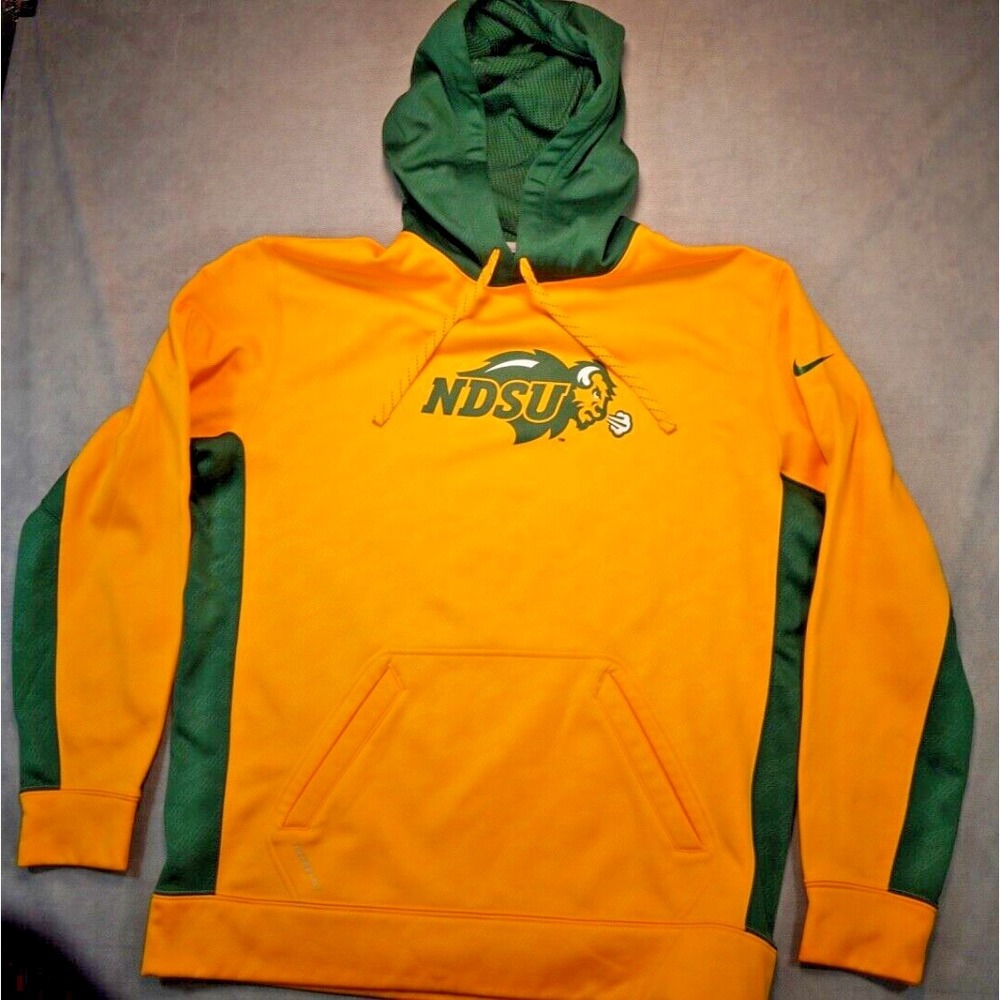 Nike Therma-Fit NDSU Bison Pullover Hoodie Sweatshirt Gold Green L Pockets